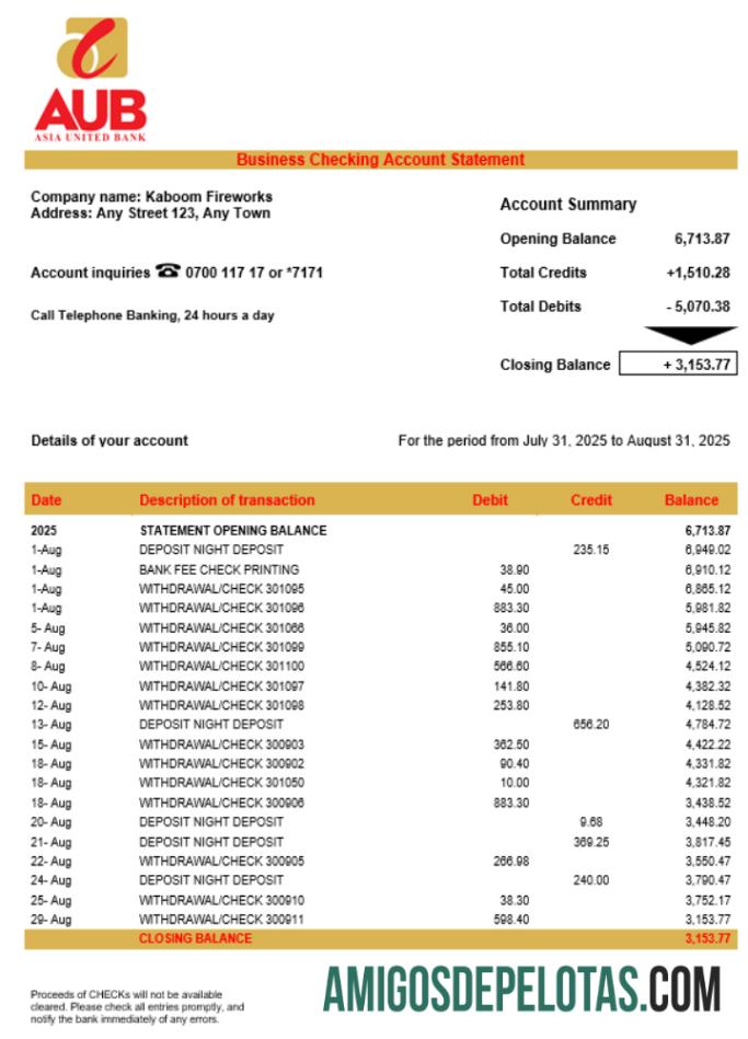 Exemplo de declaração da empresa Asia United Bank (AUB) em formato Word e PDF